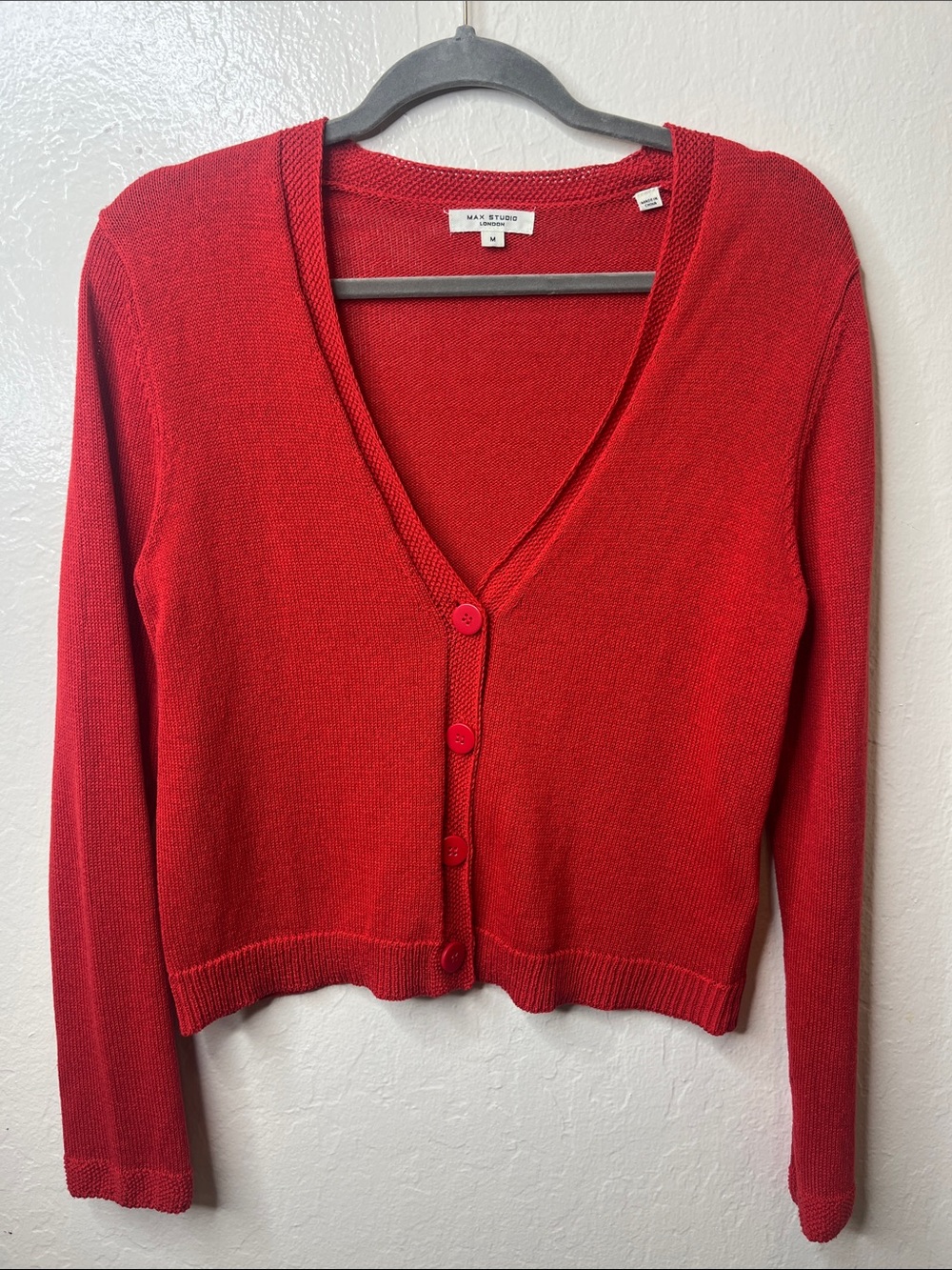 New Max Studio Bright Red V-Neck Button Cardigan